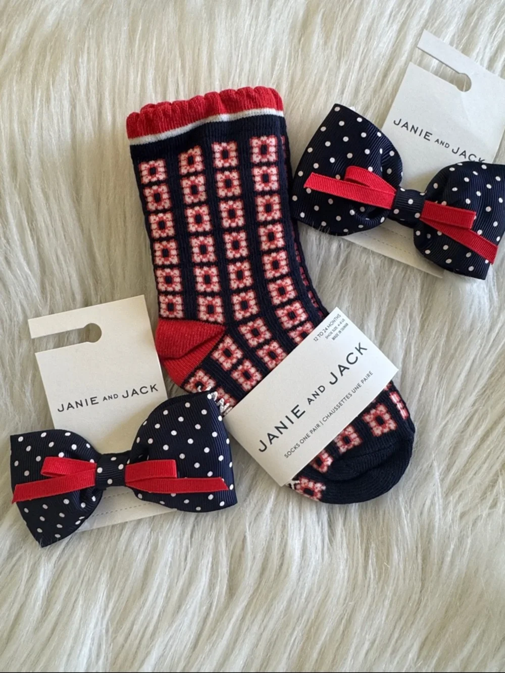 Janie & Jack Navy Red White Patterned Socks with 2 Navy Polka-Dot Bow Hair Clips